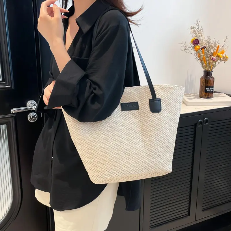 Portable Women's Beach Straw Bag Leisure Commuter Ladies Travel Shoulder Bags Solid Color Simple Female Large Capacity Handbag