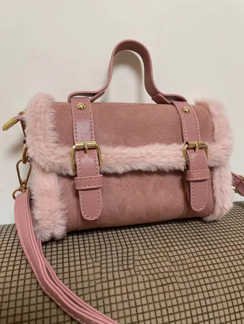 Faux Fur Soft Plush Crossbody Bags for Women Retro Pink Ladies Purses and Handbags Winter Fashion Female Simple Shoulder Bags