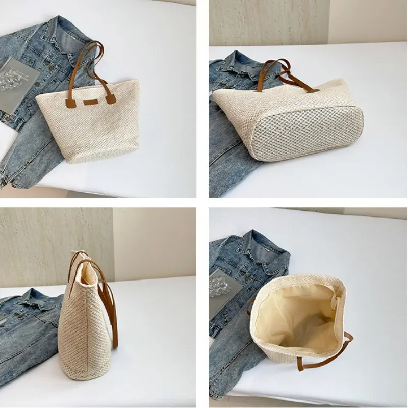 Portable Women's Beach Straw Bag Leisure Commuter Ladies Travel Shoulder Bags Solid Color Simple Female Large Capacity Handbag