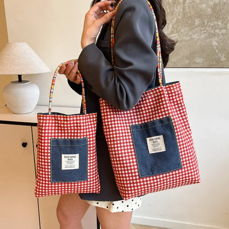 Casual Plaid Women Double-Sided Shoulder Bags Large Capacity Commuter Ladies Tote Handbags Simple Girls Denim Undearm Bag