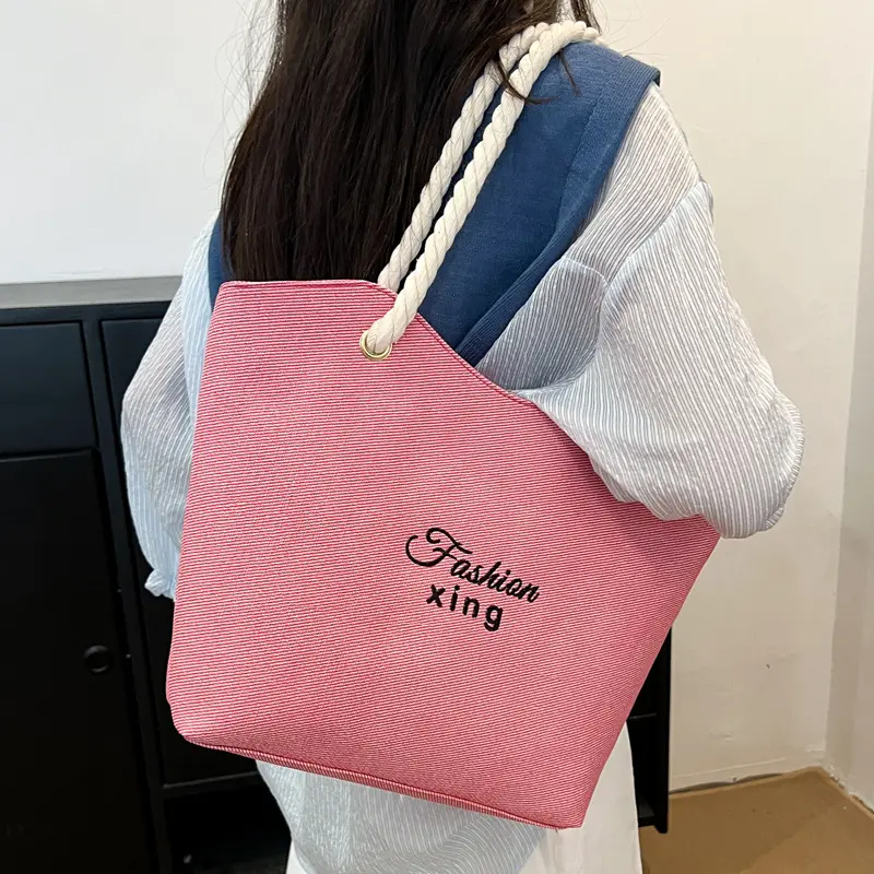 Casual Letter Print Women's Shoulder Bags Large Capacity Girls Underarm Bucket Bag Simple Vintage Ladies Handbags Beach Tote