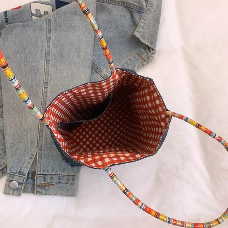 Casual Plaid Women Double-Sided Shoulder Bags Large Capacity Commuter Ladies Tote Handbags Simple Girls Denim Undearm Bag