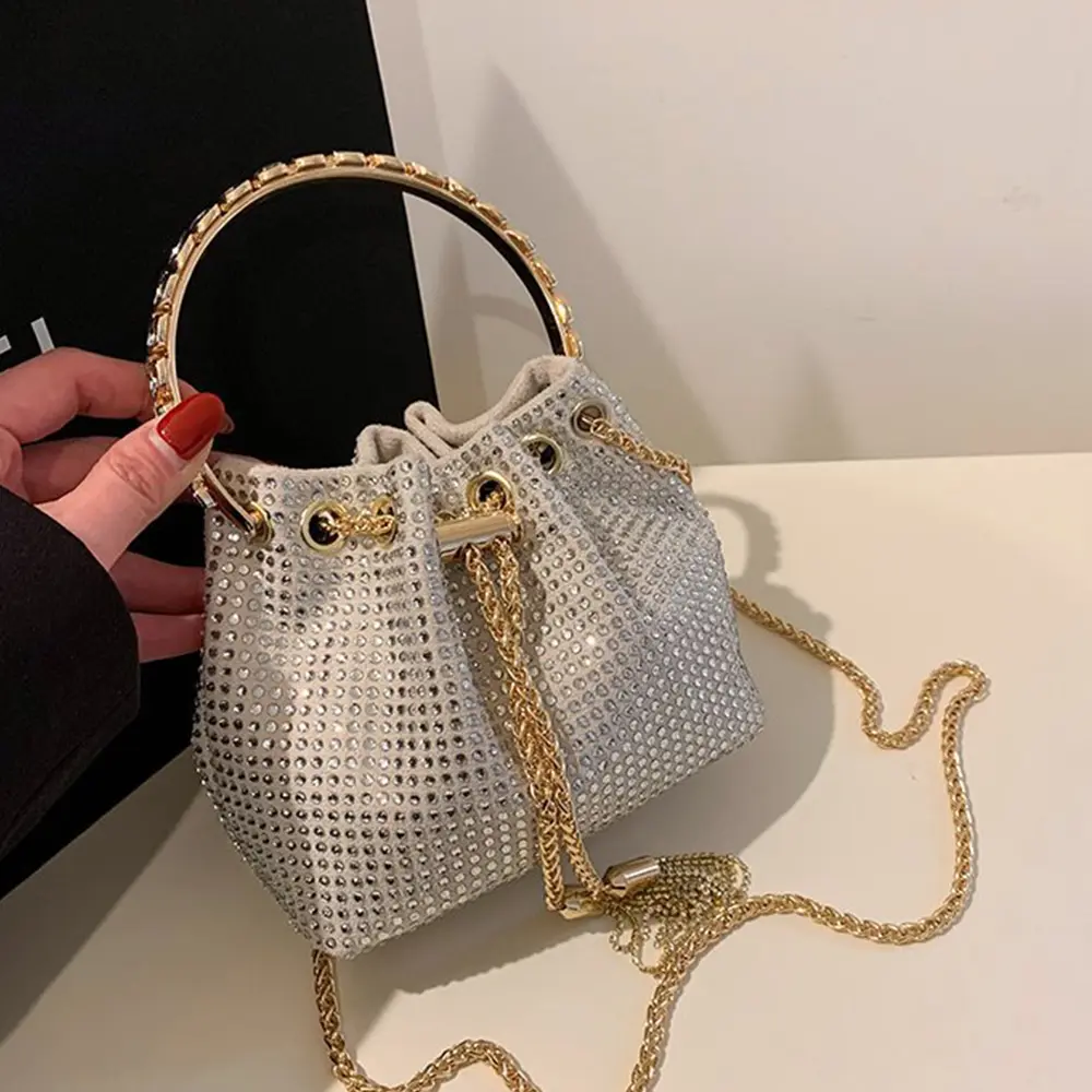 Candy Color Diamonds Bucket Bag Round Handle Handbags Drawstring Shoulder Crossbody Bags for Women 2023 Rhinestone Evening Bag