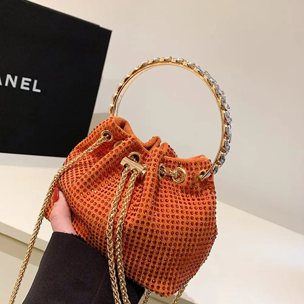 Candy Color Diamonds Bucket Bag Round Handle Handbags Drawstring Shoulder Crossbody Bags for Women 2023 Rhinestone Evening Bag