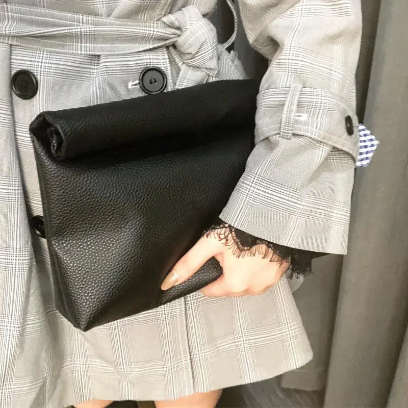 Black Edge Curl Clutch Bags for Women Casual PU Leather Handbags and Purses Designer Bag 2025 NEW Lichee Pattern Pouch Female