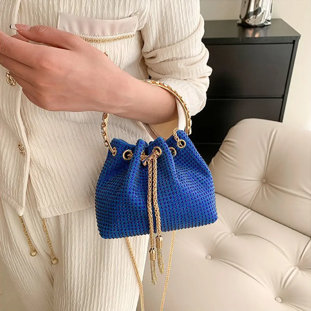 Candy Color Diamonds Bucket Bag Round Handle Handbags Drawstring Shoulder Crossbody Bags for Women 2023 Rhinestone Evening Bag