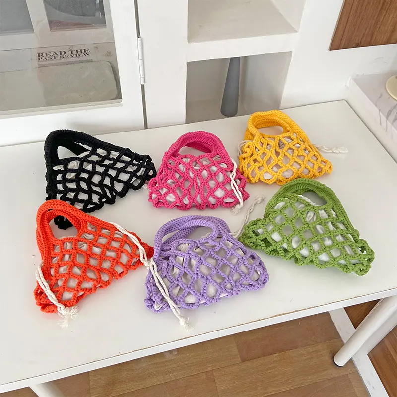 Handmade Hollow Woven Bags for Woman Rope Crochet Handbags Mini Knitting Beach Bag Bohemian Mesh Clutch Fishing Net Tote 2024