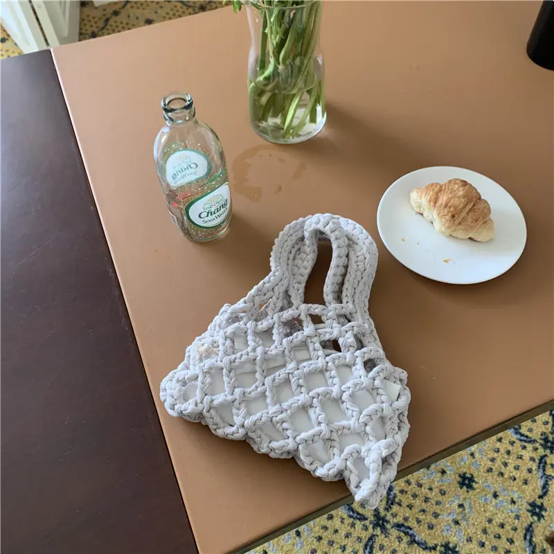 Handmade Hollow Woven Bags for Woman Rope Crochet Handbags Mini Knitting Beach Bag Bohemian Mesh Clutch Fishing Net Tote 2024