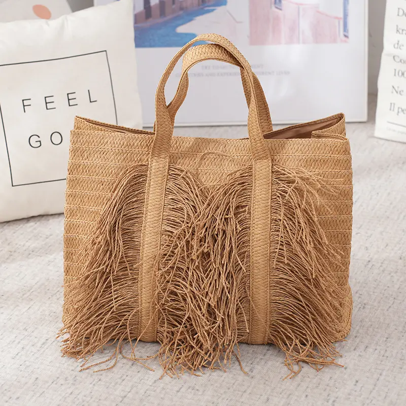 Large Capacity Straw Tote Bags for Women Designer Handbags Bohemian Tassel Beach Bag Handmade Woven Shoulder Bag Travel Shopper