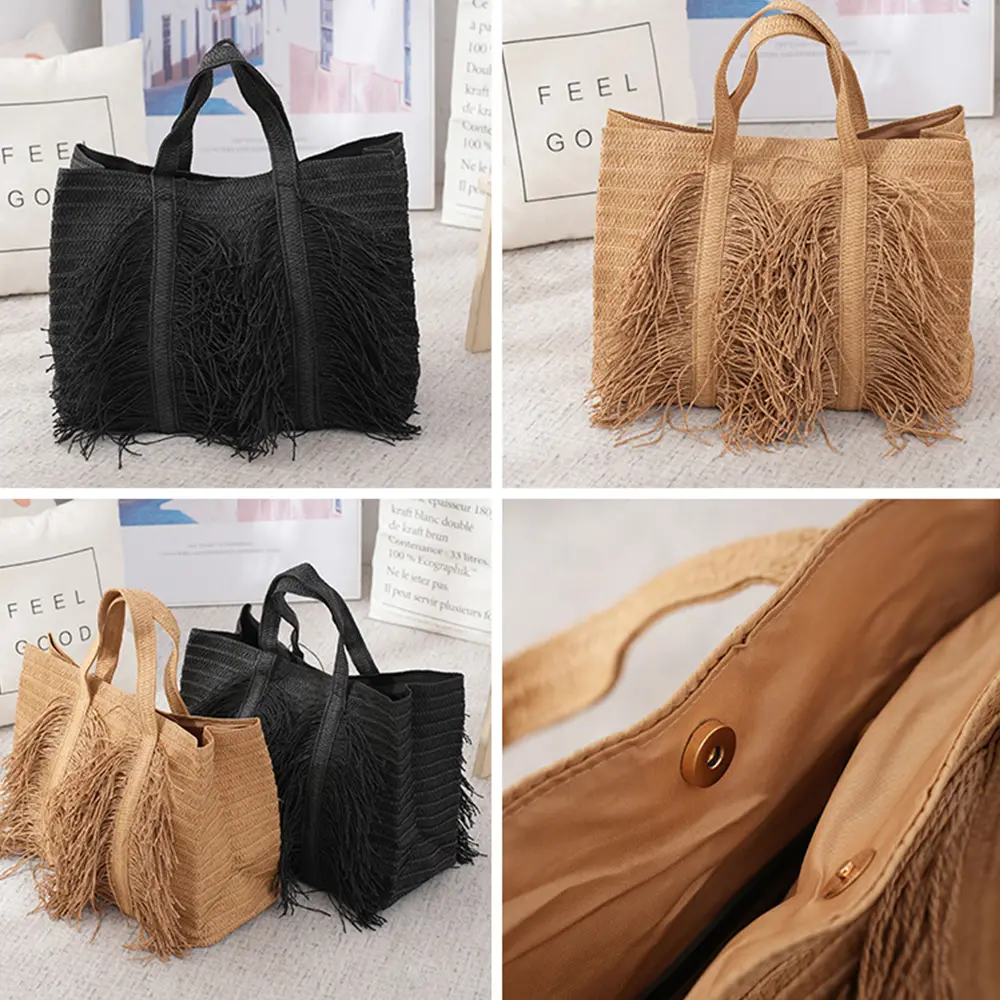 Large Capacity Straw Tote Bags for Women Designer Handbags Bohemian Tassel Beach Bag Handmade Woven Shoulder Bag Travel Shopper