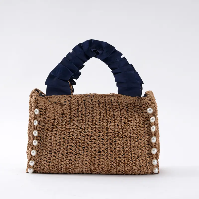 Pearls Straw Bags for Women Bohemian Ruched Handle Handbags Summer Woven Tote Bag Handmade Travel Beach Bag Small Shopper 2024