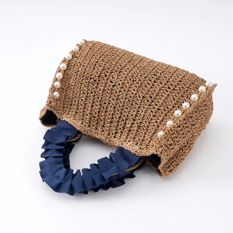 Pearls Straw Bags for Women Bohemian Ruched Handle Handbags Summer Woven Tote Bag Handmade Travel Beach Bag Small Shopper 2024