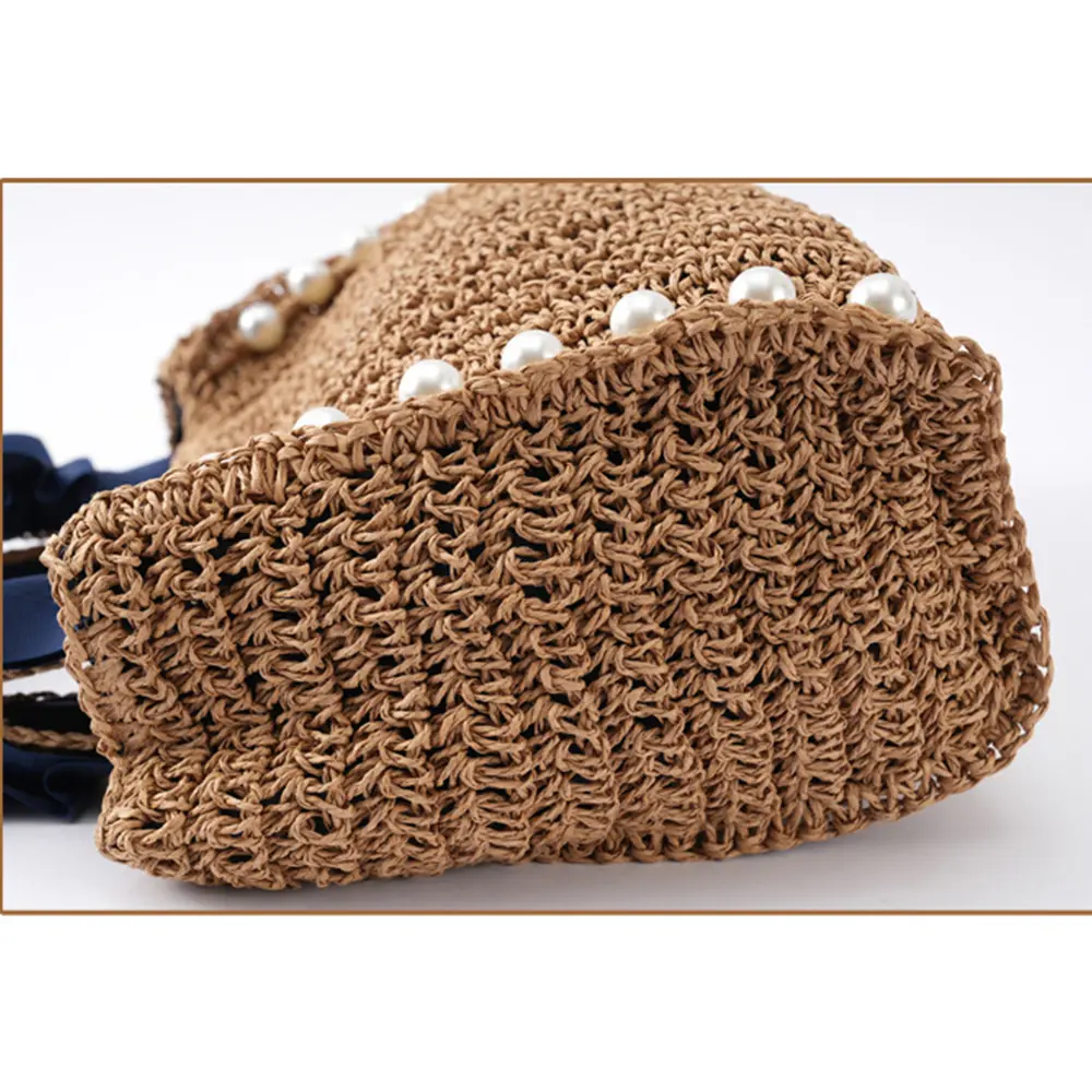 Pearls Straw Bags for Women Bohemian Ruched Handle Handbags Summer Woven Tote Bag Handmade Travel Beach Bag Small Shopper 2024