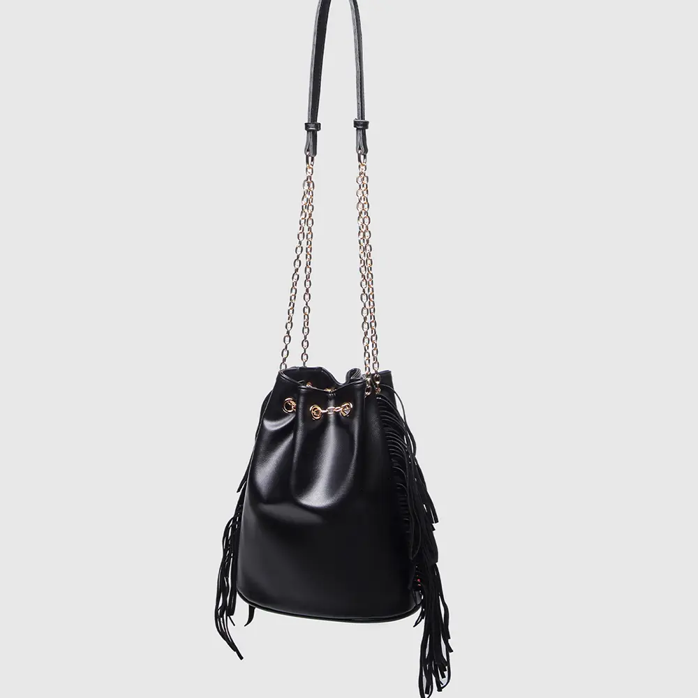 Fashion Tassel Bucket Bag Chains Drawstring Bags for Women Shoulder Bag PU Leather Handbag Ladies High Quality Purses NEW Tote