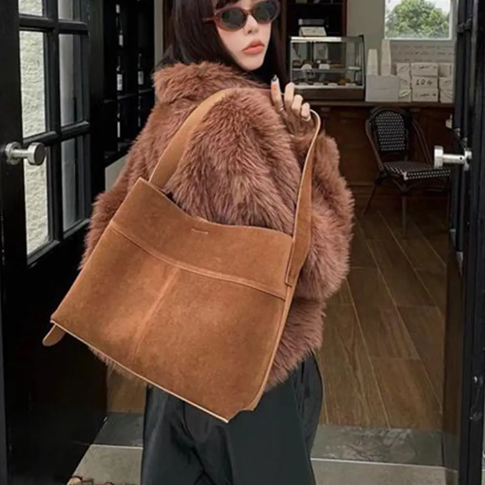 Retro Frosted Bucket Bag Luxury Designer Handbags High Quality Faux Suede Shoulder Bags for Women 2025 Large Shopper Purses New