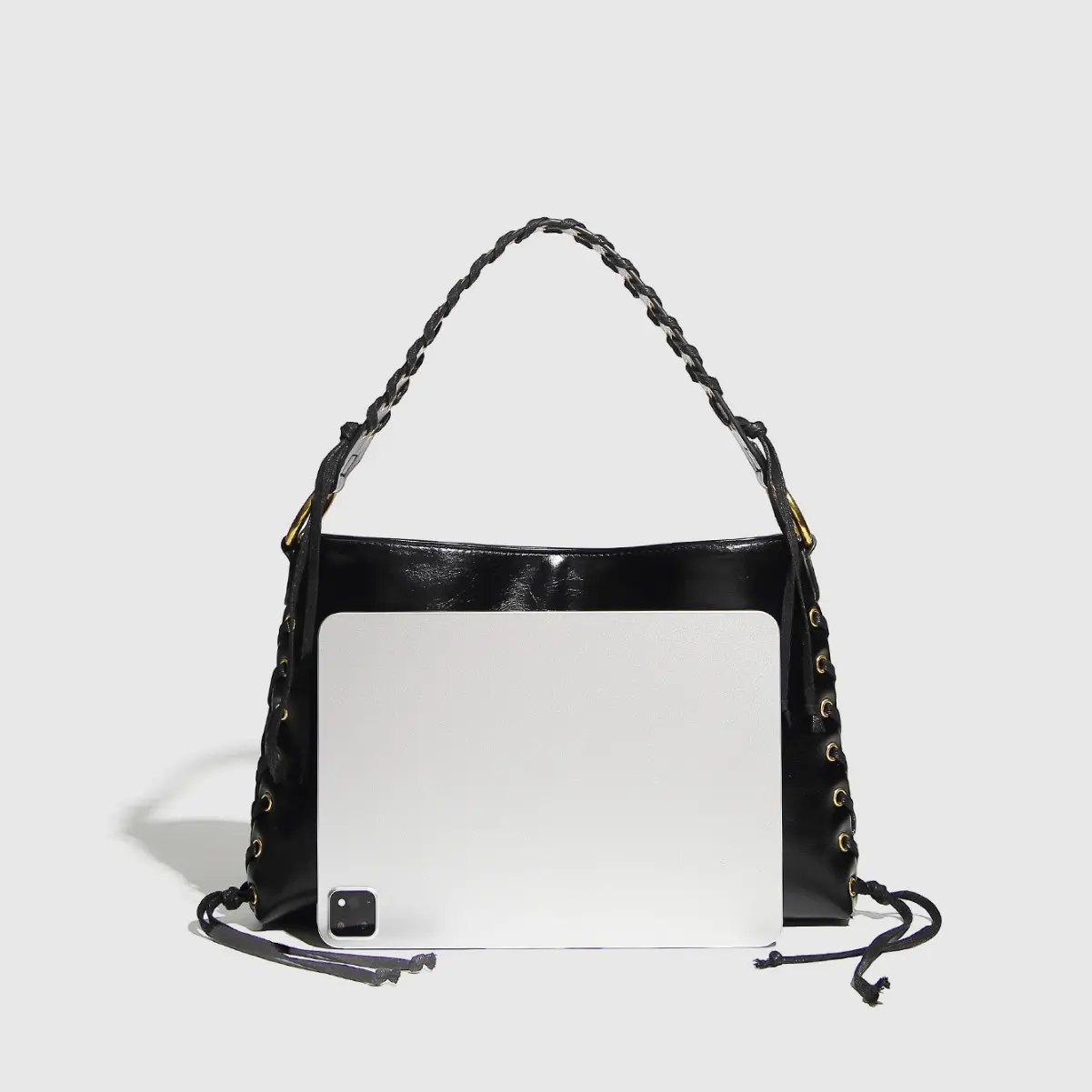 Rivet Woven Tote Bags for Women Designer Bags Black PU Leather Shoulder Bag NEW Luxury Women's Handbag Hollow Handle Shopper