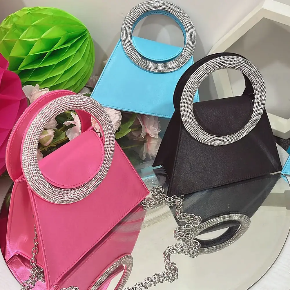 Luxury Rhinestone Evening Clutch Round Diamond Handle Handbags Satin Shoulder Bags Party Wedding Purses Ladies Designer Bag Tote
