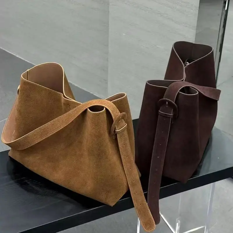 Retro Frosted Bucket Bag Luxury Designer Handbags High Quality Faux Suede Shoulder Bags for Women 2025 Large Shopper Purses New