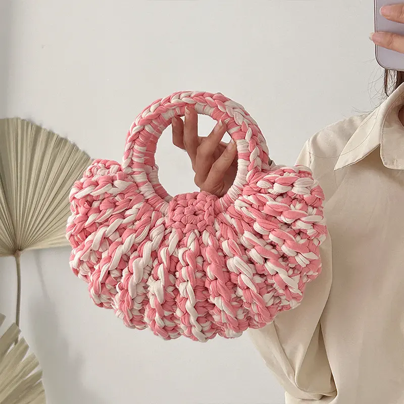 Handmade Crochet Woman Handbags Half Moon Knitting Designer Bag Round Handle Woven Bags for Women Phone Purses Clutch Female New