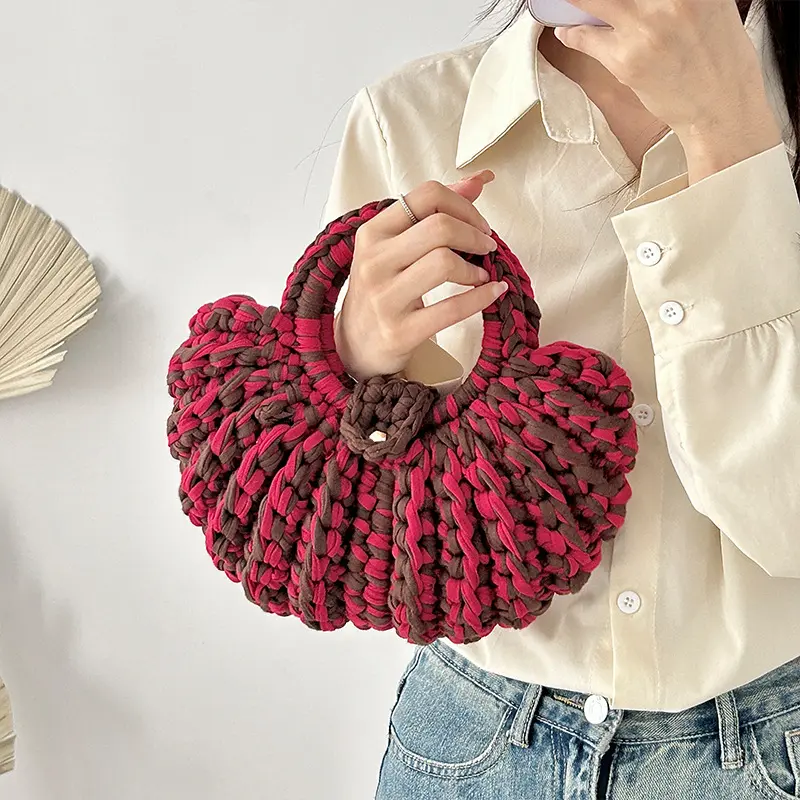 Handmade Crochet Woman Handbags Half Moon Knitting Designer Bag Round Handle Woven Bags for Women Phone Purses Clutch Female New