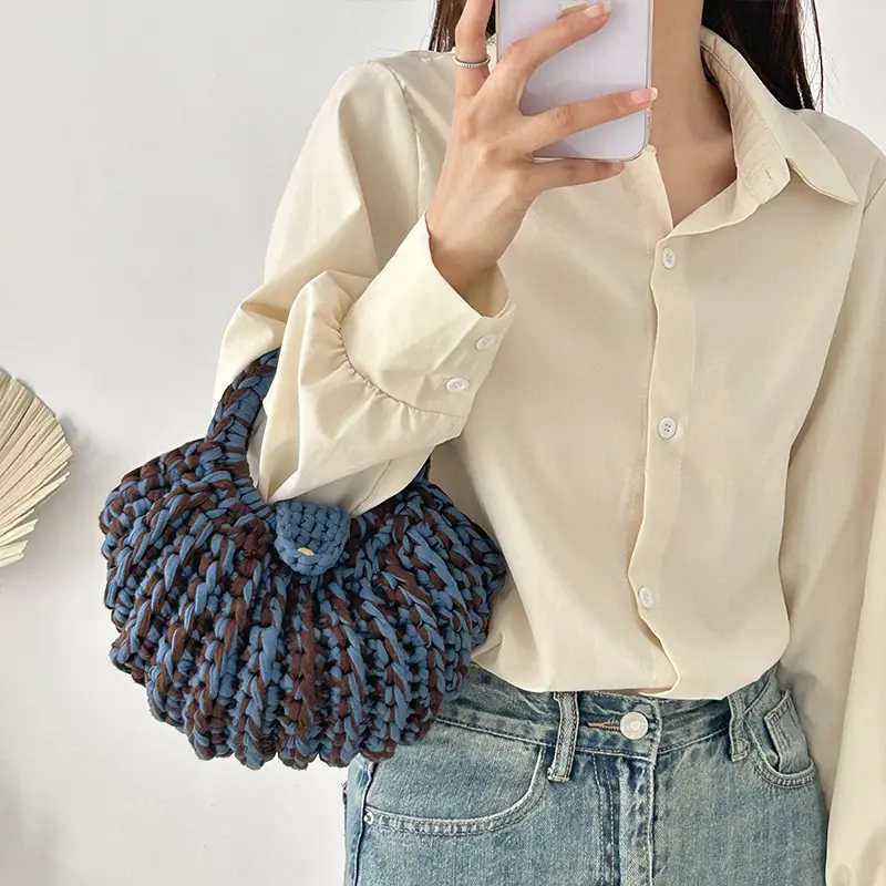 Handmade Crochet Woman Handbags Half Moon Knitting Designer Bag Round Handle Woven Bags for Women Phone Purses Clutch Female New