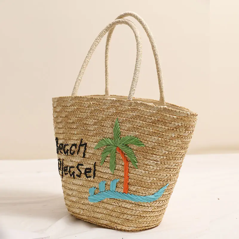Coconut Tree Embroidery Straw Bag Bohemian Letter Bucket Bags for Women Summer Travel Beach Bag Vacation Shoulder Bags Shopper