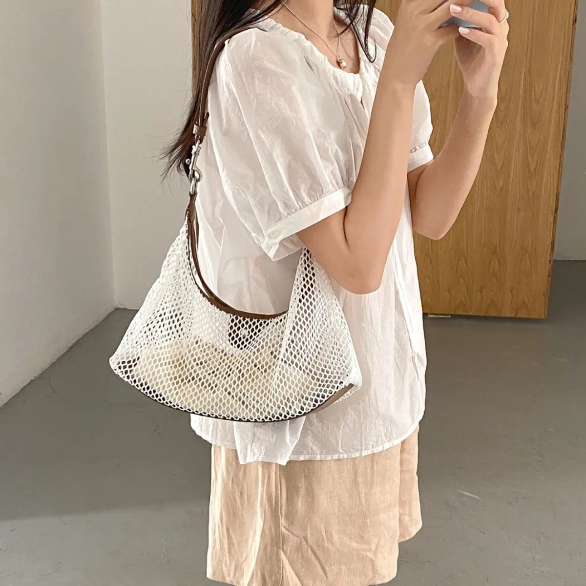 Hollow Fishing Net Design Shoulder Bag Summer Mesh Woven Bags for Women Handbag PU Leather Patchwork Grid Beach Bag NEW Purses
