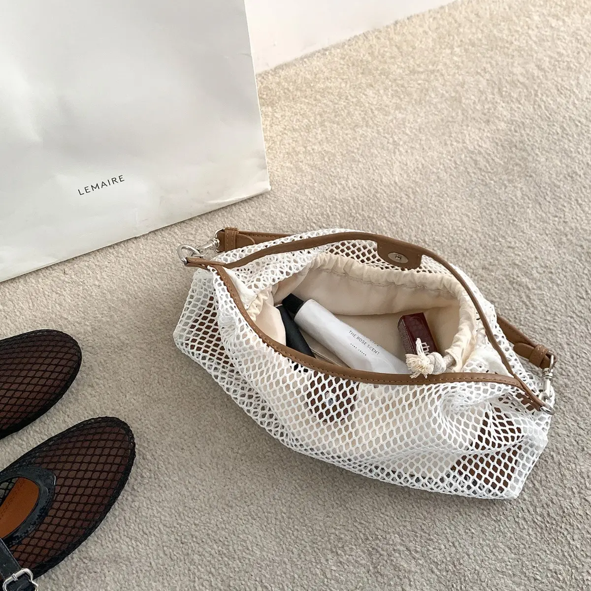 Hollow Fishing Net Design Shoulder Bag Summer Mesh Woven Bags for Women Handbag PU Leather Patchwork Grid Beach Bag NEW Purses