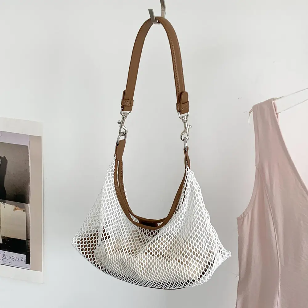 Hollow Fishing Net Design Shoulder Bag Summer Mesh Woven Bags for Women Handbag PU Leather Patchwork Grid Beach Bag NEW Purses