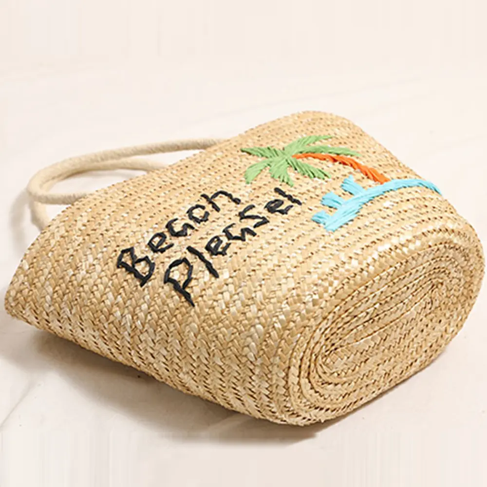 Coconut Tree Embroidery Straw Bag Bohemian Letter Bucket Bags for Women Summer Travel Beach Bag Vacation Shoulder Bags Shopper