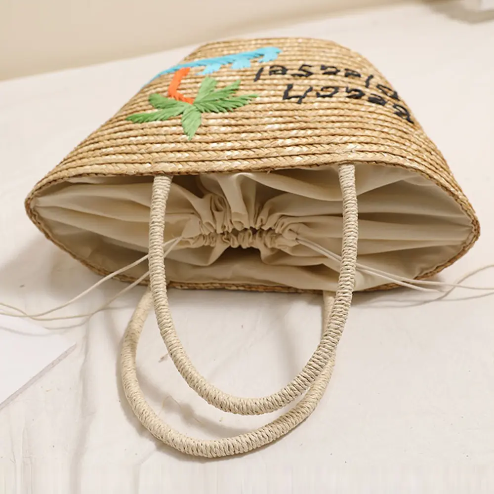 Coconut Tree Embroidery Straw Bag Bohemian Letter Bucket Bags for Women Summer Travel Beach Bag Vacation Shoulder Bags Shopper