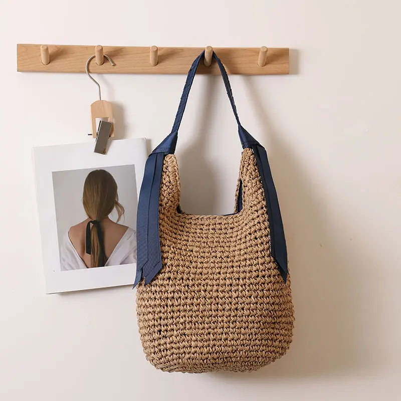 Ribbon Woven Beach Bags for Women Handbag Summer Large Capacity Straw Shoulder Bag Handmade Crochet Hobos Shopper Tote Purses