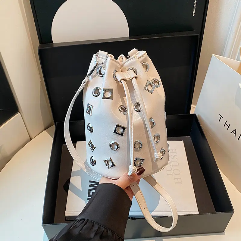 Hollow Rivet Bucket Bag Punk Studded Shoulder Bags for Women Luxury Drawstring Crossbody Bags NEW Mini Women's Bag Soft Purses