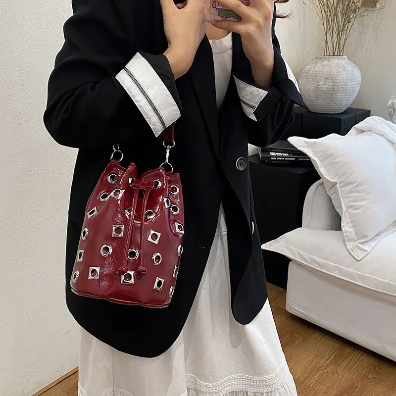 Hollow Rivet Bucket Bag Punk Studded Shoulder Bags for Women Luxury Drawstring Crossbody Bags NEW Mini Women's Bag Soft Purses