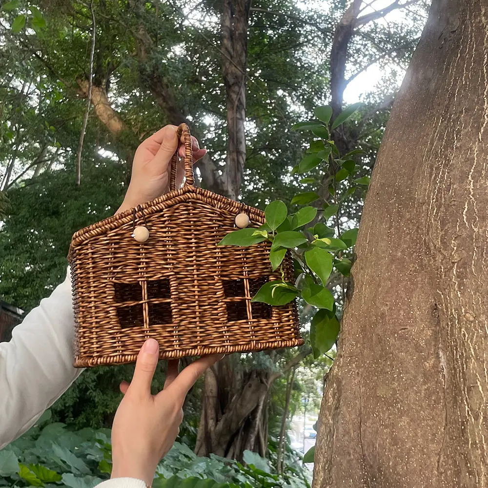 Handmade House Box Bag Faux Rattan Basket Bags for Women Designer Handbags 2025 Funny Purses for Women PP Material Beach Bag New