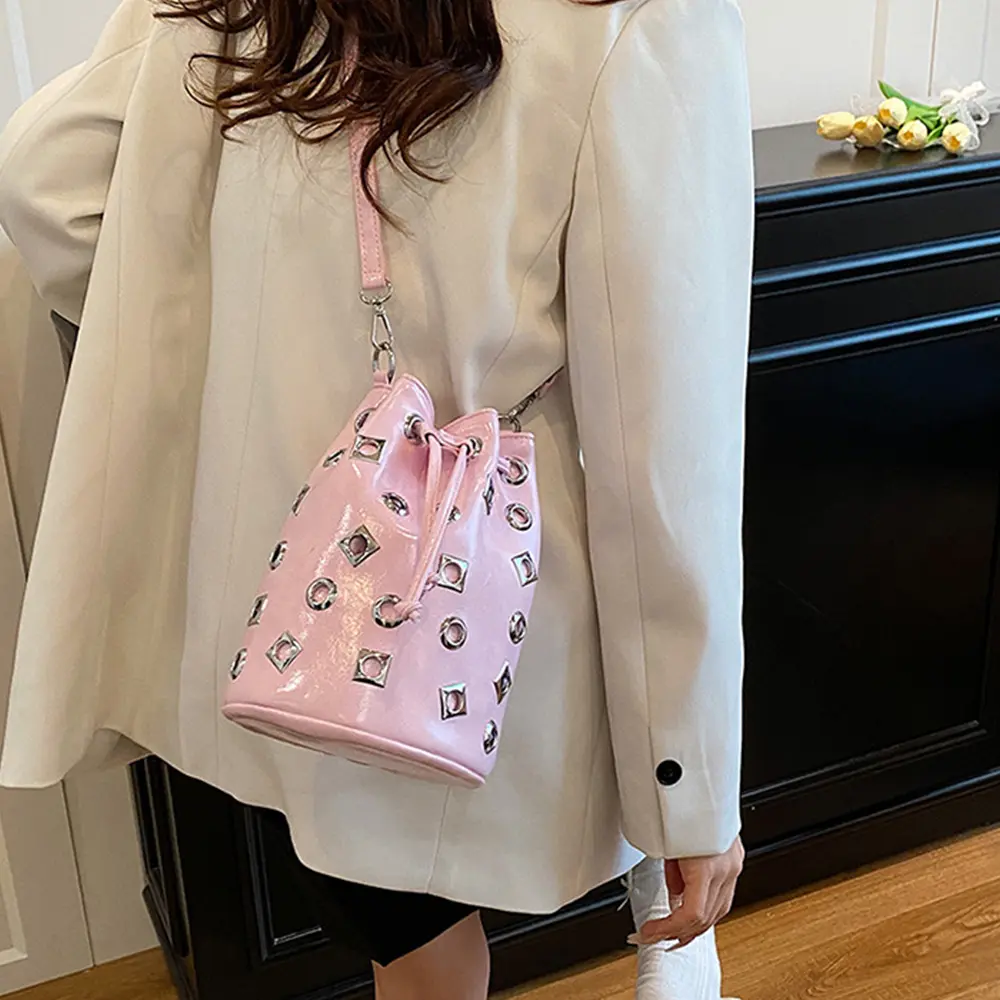 Hollow Rivet Bucket Bag Punk Studded Shoulder Bags for Women Luxury Drawstring Crossbody Bags NEW Mini Women's Bag Soft Purses