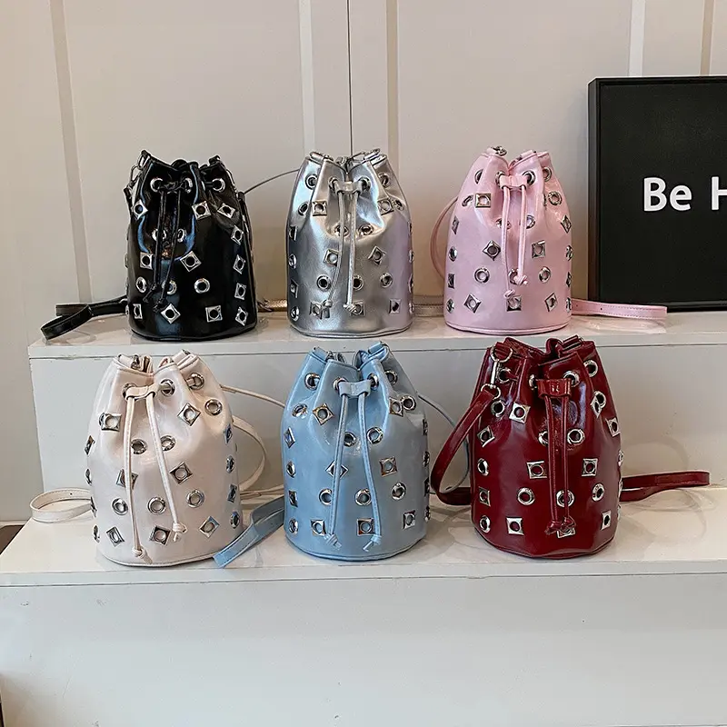 Hollow Rivet Bucket Bag Punk Studded Shoulder Bags for Women Luxury Drawstring Crossbody Bags NEW Mini Women's Bag Soft Purses