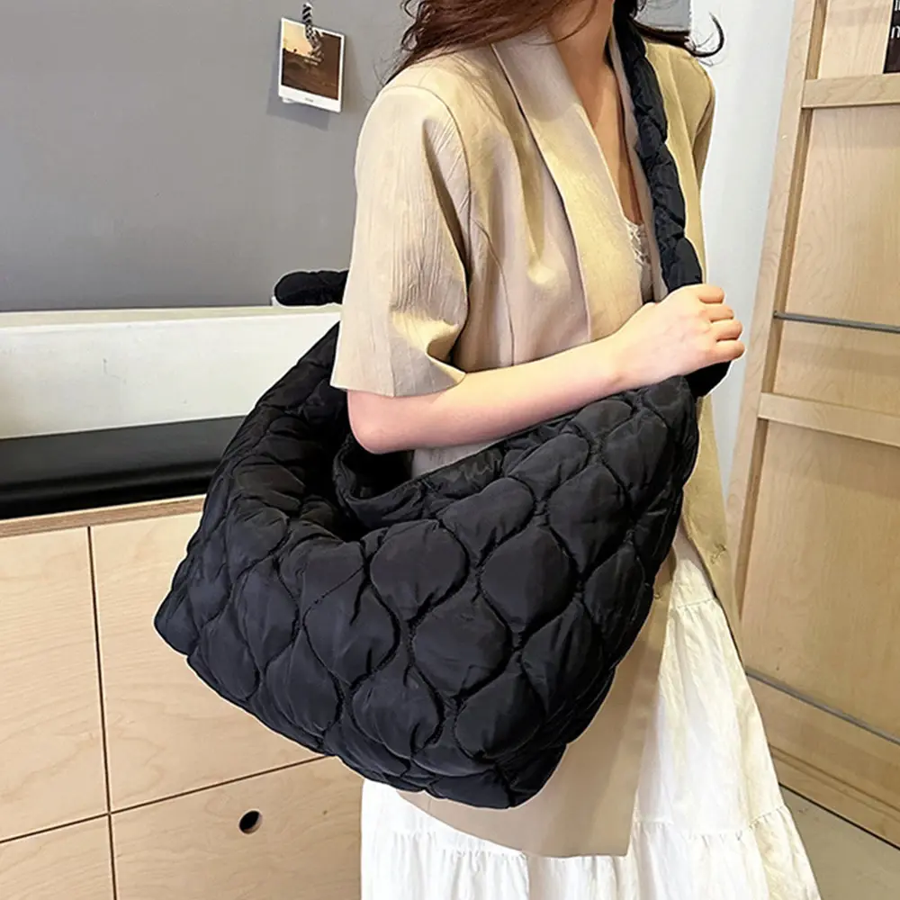 Large Capacity Quilted Women Shoulder Bag Nylon Cotton Padded Hobos Tote Bags for Women Candy Color Ruched Cloud Crossbody Bag