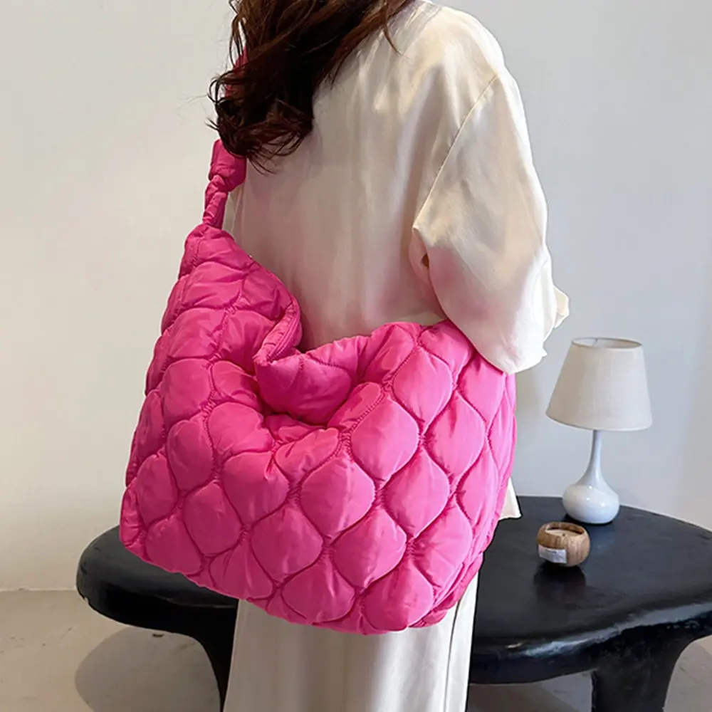 Large Capacity Quilted Women Shoulder Bag Nylon Cotton Padded Hobos Tote Bags for Women Candy Color Ruched Cloud Crossbody Bag