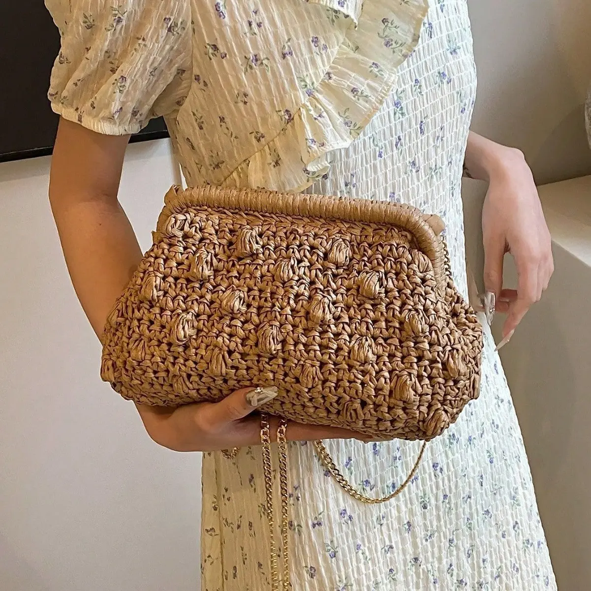 Bohemian Woven Dumpling Straw Bag Summer Paper Rope Shoulder Bag Travel Shell Clip Crossbody Bags for Women Cloud Beach Bags NEW