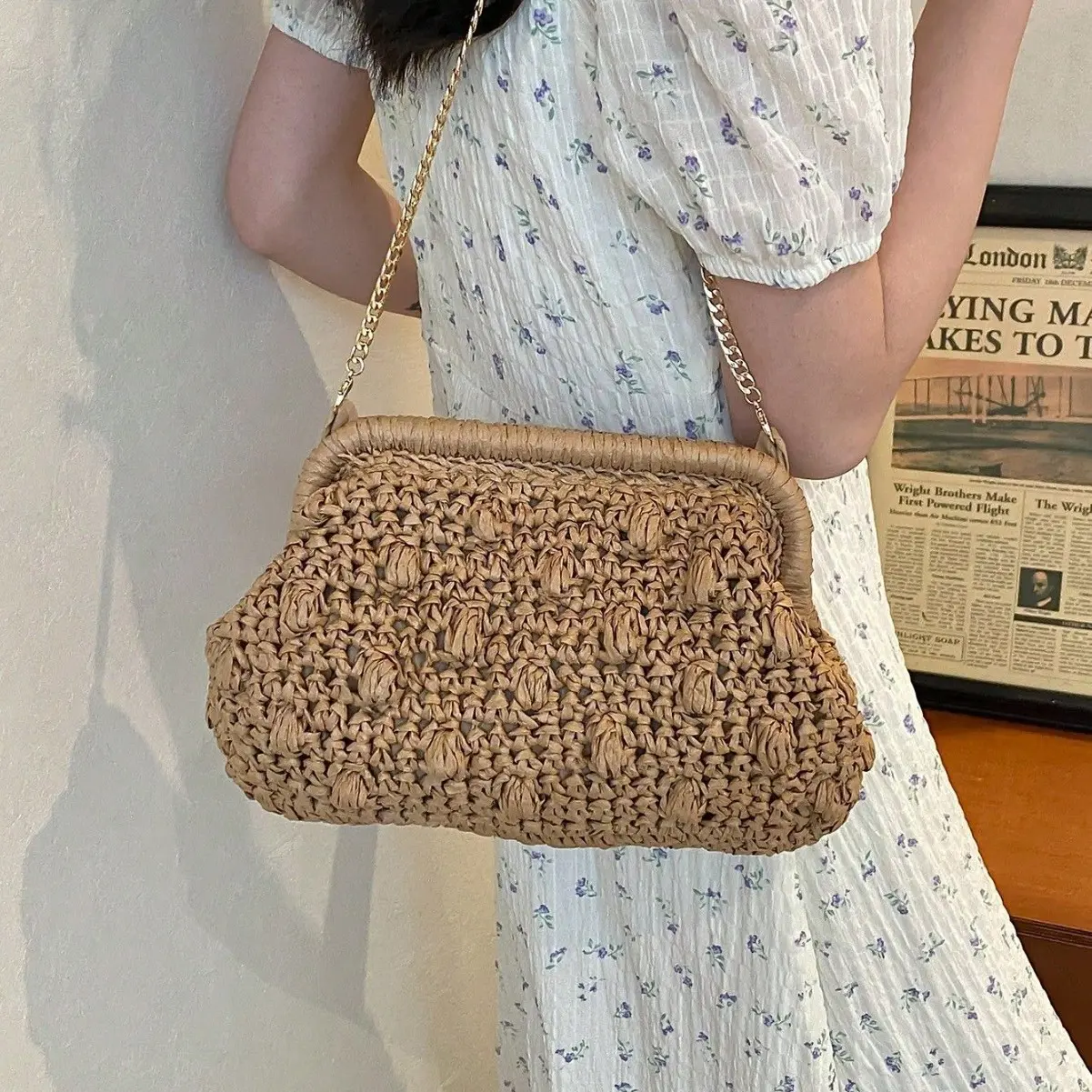 Bohemian Woven Dumpling Straw Bag Summer Paper Rope Shoulder Bag Travel Shell Clip Crossbody Bags for Women Cloud Beach Bags NEW