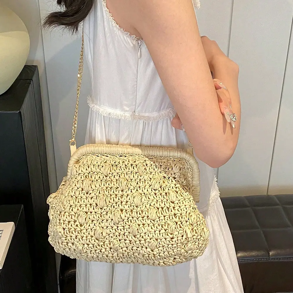 Bohemian Woven Dumpling Straw Bag Summer Paper Rope Shoulder Bag Travel Shell Clip Crossbody Bags for Women Cloud Beach Bags NEW