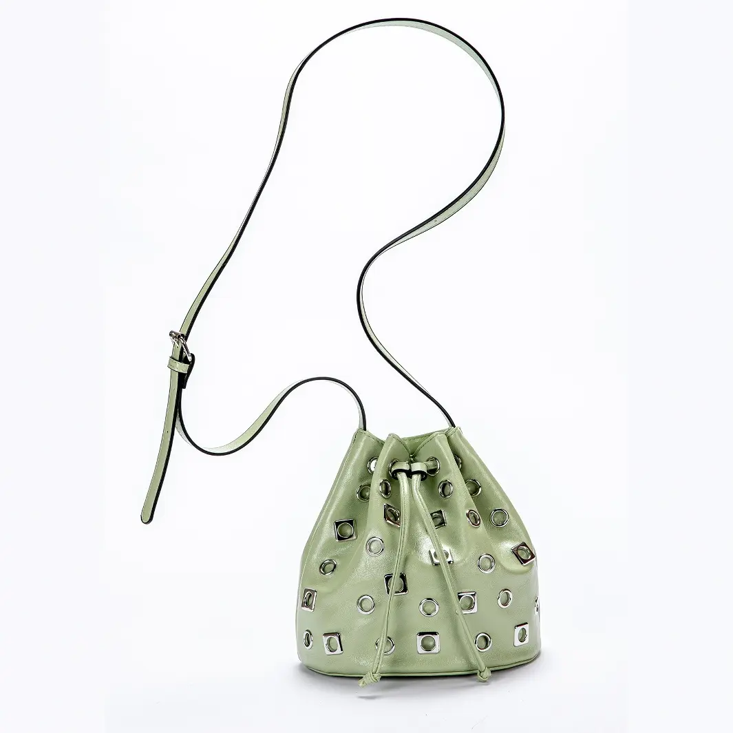 Fashion Hollow Rivet Bucket Bag Soft PU Leather Drawstring Shoulder Bag Punk Mini Crossbody Bags for Women 2025 NEW Clutch Chic
