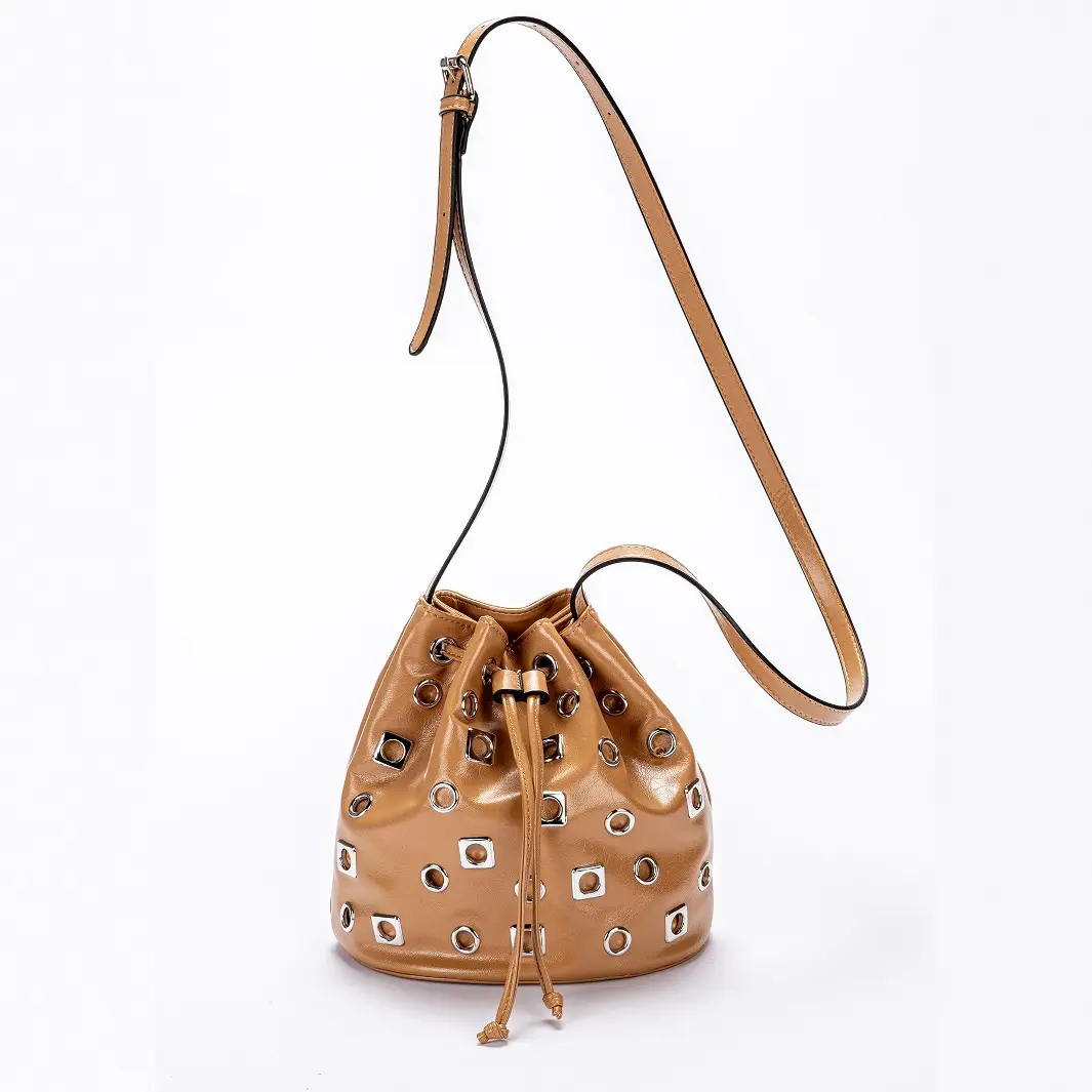 Fashion Hollow Rivet Bucket Bag Soft PU Leather Drawstring Shoulder Bag Punk Mini Crossbody Bags for Women 2025 NEW Clutch Chic