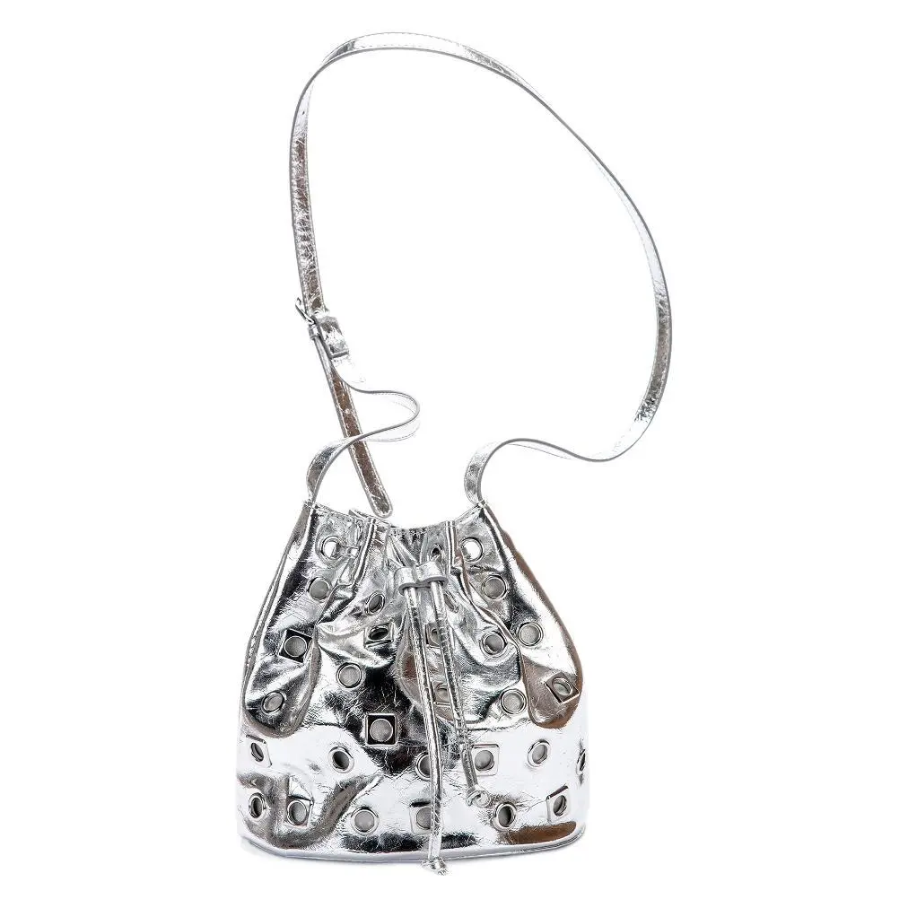 Fashion Hollow Rivet Bucket Bag Soft PU Leather Drawstring Shoulder Bag Punk Mini Crossbody Bags for Women 2025 NEW Clutch Chic