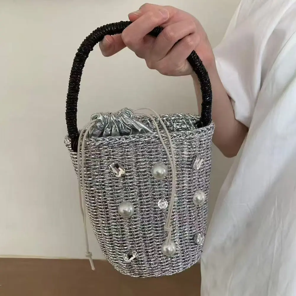 Luxury Rhinestone Straw Bucket Bag Diamonds Crystal Women's Handbag Silver Woven Beach Bags for Women Basket Bag Clutch Purses