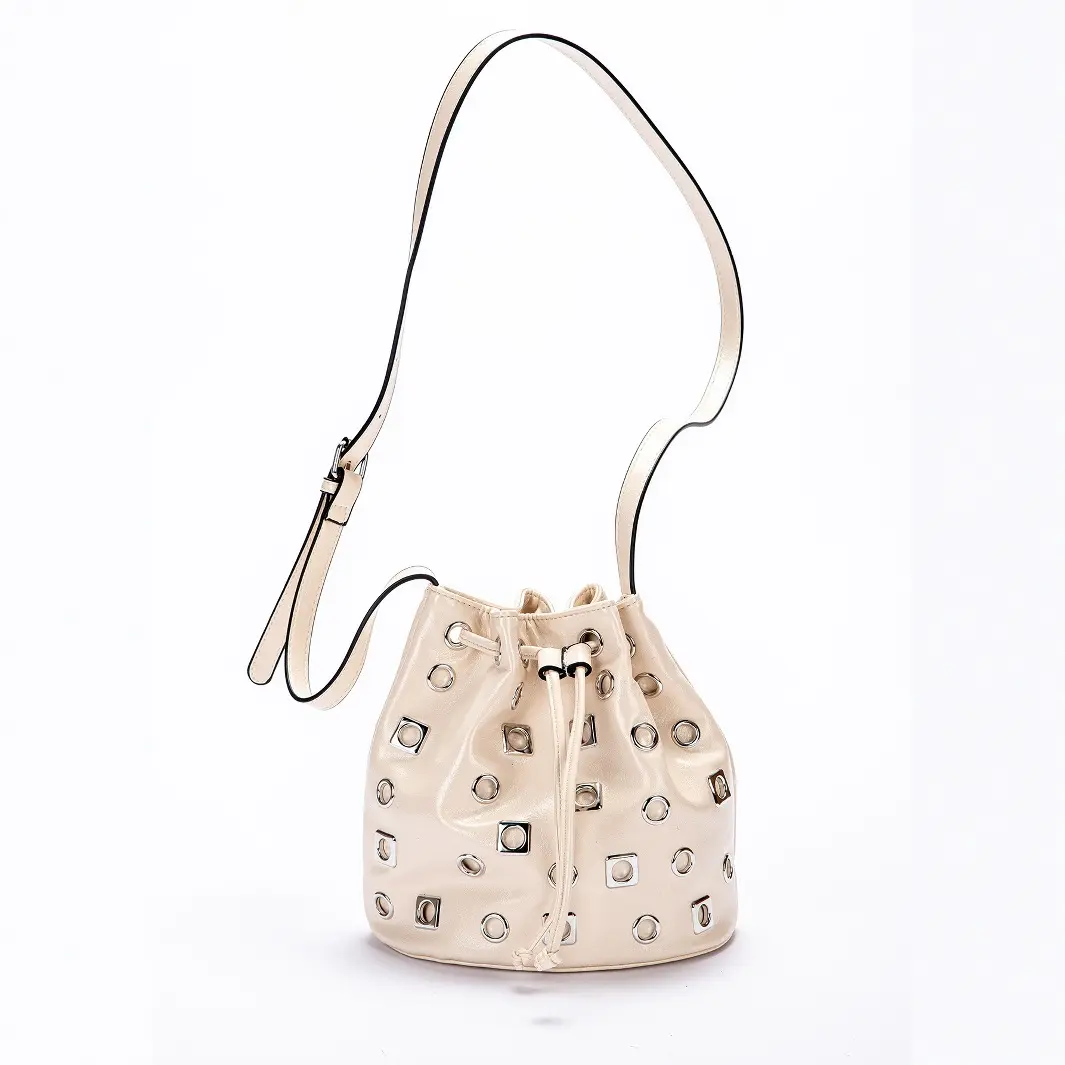 Fashion Hollow Rivet Bucket Bag Soft PU Leather Drawstring Shoulder Bag Punk Mini Crossbody Bags for Women 2025 NEW Clutch Chic