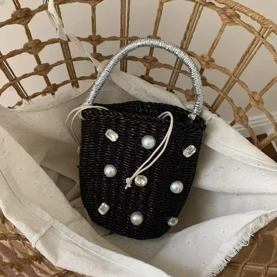 Luxury Rhinestone Straw Bucket Bag Diamonds Crystal Women's Handbag Silver Woven Beach Bags for Women Basket Bag Clutch Purses
