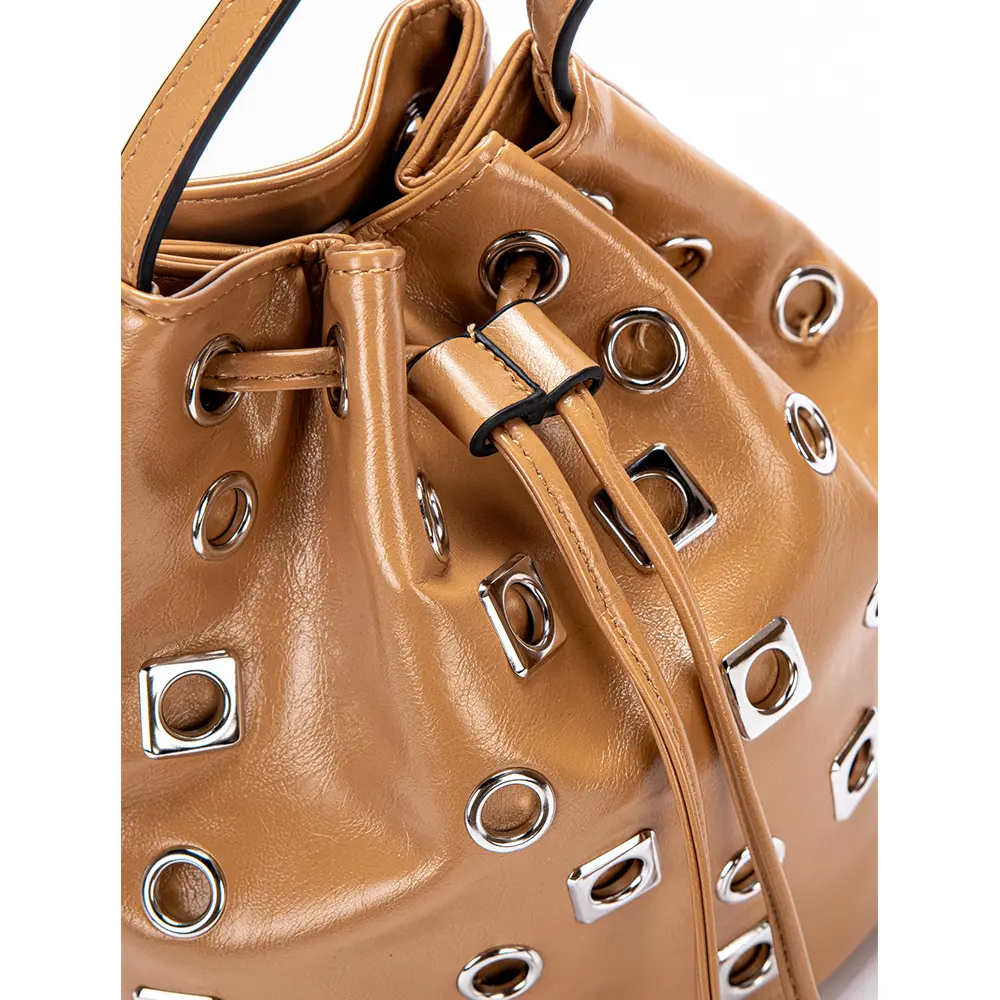 Fashion Hollow Rivet Bucket Bag Soft PU Leather Drawstring Shoulder Bag Punk Mini Crossbody Bags for Women 2025 NEW Clutch Chic