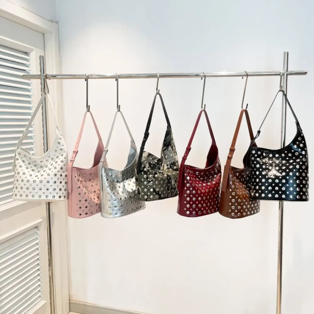 Fashion Rivet Bucket Bags for Women Punk Studded Shoulder Bag High Quality PU Leather Tote Handbags and Purses Tote Clutch NEW
